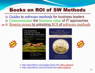 Books on ROI of SW Methods
 Guides to software methods for business leaders
 Communicates the business value of IT approaches
 Rosetta stones to unlocking ROI of software methods
 http://davidfrico.com/agile-book.htm (Description)
 http://davidfrico.com/roi-book.htm (Description)
56

 