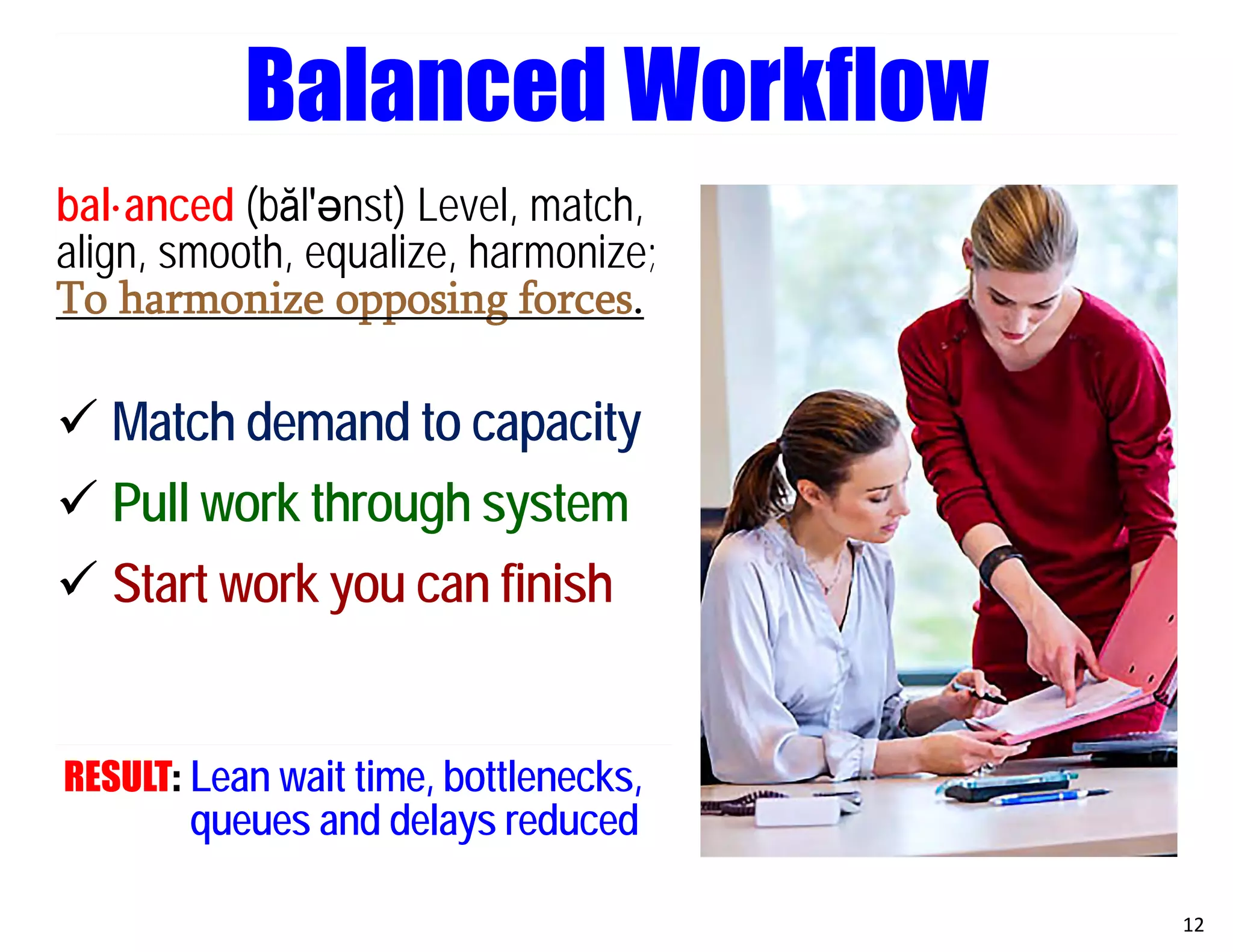bal·anced (băl′әnst) Level, match,
align, smooth, equalize, harmonize;
To harmonize opposing forces.
 Match demand to capacity
 Pull work through system
 Start work you can finish
RESULT: Lean wait time, bottlenecks,
queues and delays reduced
12
Balanced Workflow
 