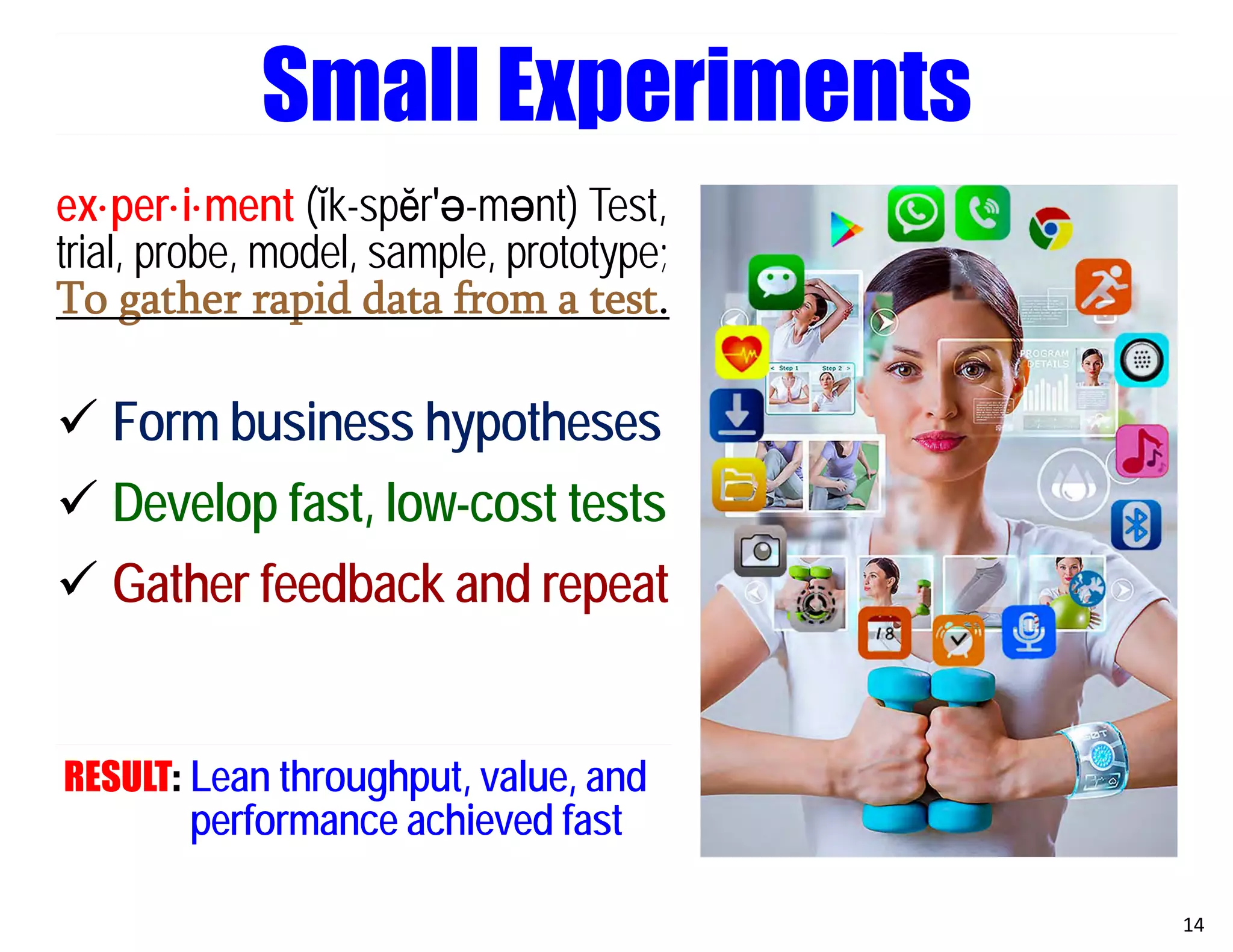 ex·per·i·ment (ĭk-spĕr′ә-mәnt) Test,
trial, probe, model, sample, prototype;
To gather rapid data from a test.
 Form business hypotheses
 Develop fast, low-cost tests
 Gather feedback and repeat
RESULT: Lean throughput, value, and
performance achieved fast
14
Small Experiments
 