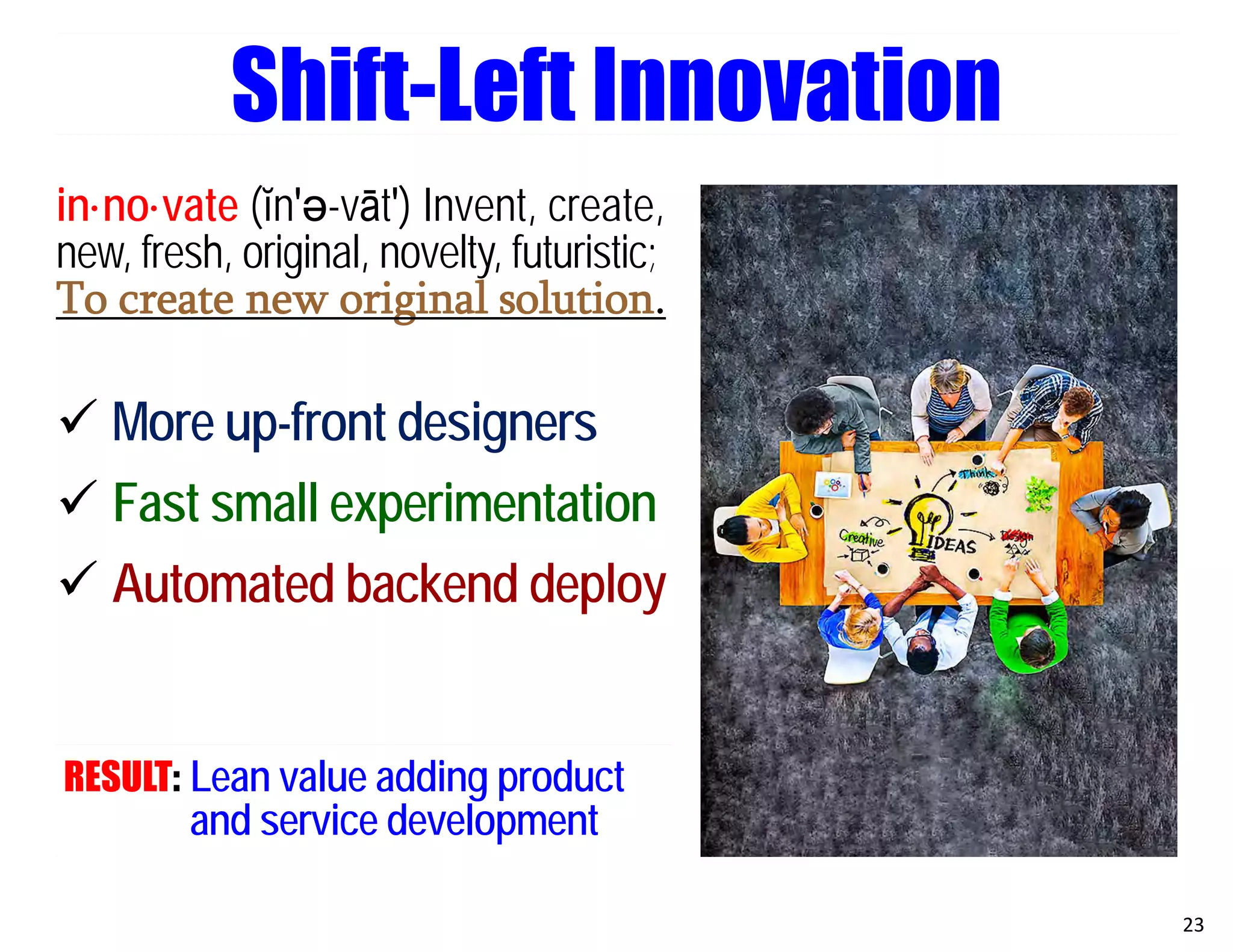 in·no·vate (ĭn′ә-vāt′) Invent, create,
new, fresh, original, novelty, futuristic;
To create new original solution.
 More up-front designers
 Fast small experimentation
 Automated backend deploy
RESULT: Lean value adding product
and service development
23
Shift-Left Innovation
 