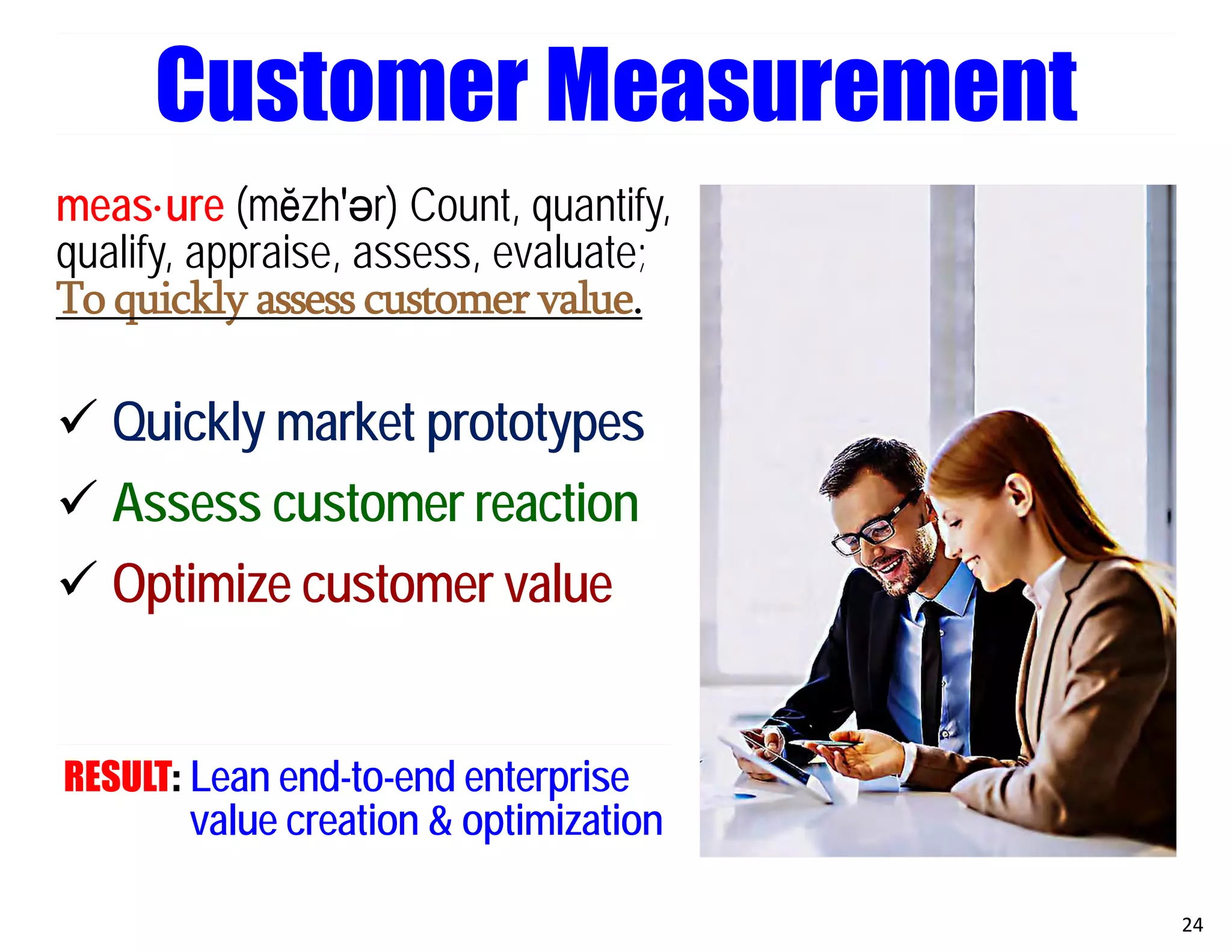 meas·ure (mĕzh′әr) Count, quantify,
qualify, appraise, assess, evaluate;
To quickly assess customer value.
 Quickly market prototypes
 Assess customer reaction
 Optimize customer value
RESULT: Lean end-to-end enterprise
value creation & optimization
24
Customer Measurement
 