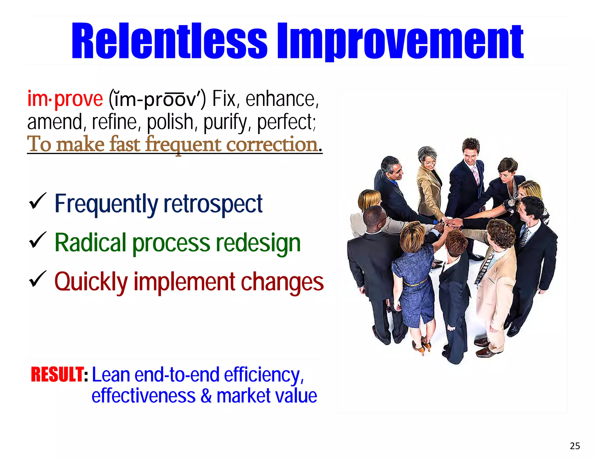 im·prove (ĭm‐pro͞ov′) Fix, enhance,
amend, refine, polish, purify, perfect;
To make fast frequent correction.
 Frequently retrospect
 Radical process redesign
 Quickly implement changes
RESULT: Lean end-to-end efficiency,
effectiveness & market value
25
Relentless Improvement
 