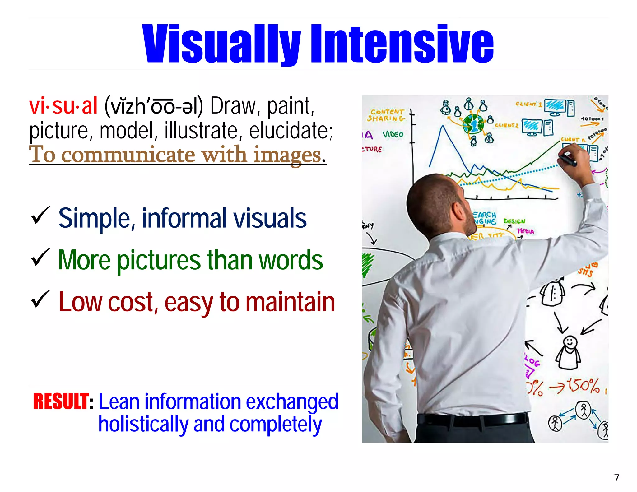 vi·su·al (vĭzh′o͞o‐əl) Draw, paint,
picture, model, illustrate, elucidate;
To communicate with images.
 Simple, informal visuals
 More pictures than words
 Low cost, easy to maintain
RESULT: Lean information exchanged
holistically and completely
7
Visually Intensive
 