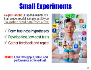 ex·per·i·ment (ĭk-spĕr′ә-mәnt) Test,
trial, probe, model, sample, prototype;
To gather rapid data from a test.
 Form business hypotheses
 Develop fast, low-cost tests
 Gather feedback and repeat
RESULT: Lean throughput, value, and
performance achieved fast
14
Small Experiments
 