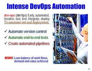 dev-ops (dĕv′ŏps) Early, automated,
iterative, fast, test, integrate, deploy;
To automate test and deployment.
 Automate version control
 Automate end-to-end tests
 Create automated pipelines
RESULT: Lean balance of work flows,
demand and value achieved
20
Intense DevOps Automation
 