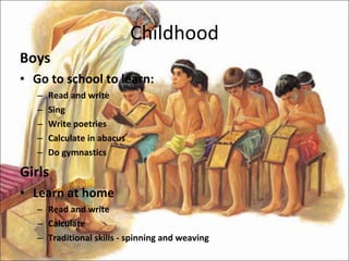 Childhood Boys  Go to school to learn: Read and write Sing Write poetries Calculate in abacus Do gymnastics Girls Learn at home Read and write Calculate Traditional skills - spinning and weaving 