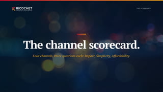 T H E S CO R E CA R D
The channel scorecard.
Four channels, three questions each: Impact, Simplicity, Affordability.
 