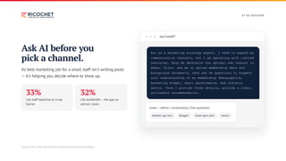 A I A S A DV I S O R
Ask AI before you
pick a channel.
Its best marketing job for a small staff isn't writing posts
— it's helping you decide where to show up.
33%
cite staff expertise as a top
barrier
32%
cite bandwidth — the gap an
advisor closes
Ask ChatGPT
Act as a marketing strategy expert. I need to expand my
communication channels, but I am operating with limited
resources. Help me determine the optimal new channel to
adopt. First, ask me to upload membership data and
background documents, then ask me questions to augment
your understanding of my membership demographics,
marketing budget, email performance, and industry
sector. Once I provide those details, provide a clear,
actionable recommendation.
Great — before I recommend, a few questions:
Member age mix? Budget? Email open rate? Sector?
Source: MGI, 2026 Membership Marketing Benchmarking Report.
 