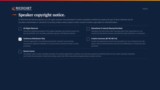 L E G A L
Speaker copyright notice.
© 2026 Ricochet Advisory Services, LLC. All rights reserved. This presentation contains proprietary intellectual property. No part of these materials may be
recorded, screenshotted, or utilized for AI training models without explicit written consent. Granted usage rights are indicated below.
All Rights Reserved
Strictly the intellectual property of the speaker. Attendees may view the session live
but are prohibited from recording, capturing, copying, or distributing materials.
Educational & Internal Sharing Permitted
Attendees may share these slides internally within their organization for non-
commercial educational purposes, provided full author attribution is maintained.
Conference Distribution Only
The host organization may distribute presentation materials and recordings
exclusively to registered attendees via a secure portal. Commercial resale is strictly
prohibited.
Creative Commons (BY-NC-ND 4.0)
Anyone may download and share this presentation for non-commercial use with
proper credit to Ricochet Advisory Services. No modifications or commercial sales
permitted.
Shared License
The speaker retains master copyright ownership. The hosting organization is granted a non-exclusive, perpetual, worldwide license to host, record, reproduce, distribute,
and include the presentation materials/recordings within their official educational programming or member archives.
 