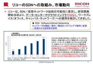 リコーのSDNへの取組み、市場動向
▪ リコーは、SDN／仮想ネットワーク技術の可能性に着目し、研究開発
開始当初より、データ・センターやクラウドインフラではなく、ワークプレ
イス（オフィス、キャンパス・ネットワーク）への適用を検討してきました。
(C)Ricoh Company, Ltd. 16
◆ SDN : Software-Defined Networking
ネットワークの機能／動作／構成をソフトウェアで動的に変更
／拡張させる技術群の総称
＜参考資料＞
国内SDN市場 支出額予測、2016年～2021年
Note: データセンターSDN、企業ネットワークSDN、キャリアSDNの合計値
Source: IDC Japan, 4/2017
2015年以降息を吹き返した企業ネットワークSDN
市場は、市場の盛り上がりに実績が伴ってきたと言
えます。インターネット接続における入口出口対策
や、内部ネットワークにおけるマルウェア感染防止
などのセキュリティ対策にSDN技術が有用であると
の認識が高まったことが成長の理由の一つです。セ
キュリティ対策を始めとして、SDN技術を企業ネット
ワークに導入する余地はいまだ多く残されており、
企業ネットワークSDN市場は2016年～2021年の
CAGR 36.8％で今後も成長すると予測しています。
 