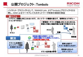 公開プロジェクト：Tombolo
(C)Ricoh Company, Ltd. 20
パイロット・プロジェクトとして、TAMAGO Labs. より「Tombolo」プロジェクトを公
開し、SDNによるワークプレイスのネットワーク制御の価値を検証
＜ゲスト＞無線LANに入れないので、ネットワーク機器を使えず、効率的なコラボレー
ションができない
＜管理者＞ゲストが無線LANに入るためには、
事前に申請と登録作業が必要で手間がかかる
×
ゲスト 申請
登録ゲスト
管理者利用者の端末を特定サービスに
一時的に接続/すぐに利用していただく。
行先限定等の制御も可能。
ゲスト応対者が許可
×
解決
困りごと
ゲストも会議室の
ネットワーク機器
を利用できます
簡単な操作で
ゲストを招き入れます
管理者も安心の
セキュリティ
 