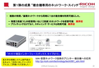 第１弾の成果 “複合機専用のネットワーク・スイッチ”
(C)Ricoh Company, Ltd. 22
• 複数の物理／論理ネットワークから同時に１台の複合機を利用可能にした。
ー 物理３系統（VLAN収容用いると12系統）のネットワークを収容可能 業界初
ー プリンティングだけでなく、スキャニング・サービスも利用可能 業界初
「外付け増設インターフェースボックス タイプM19」
SDN・仮想ネットワーク技術のプリンター・複合機への応用
http://jp.ricoh.com/technology/tech/081_sdn.html
某大学の情報システム部門長の
先生より、「目的に対してリーズナ
ブル」と、ご評価いただきました！
 