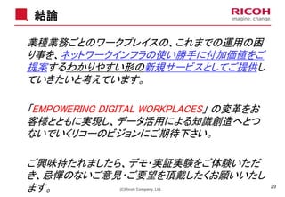 結論
(C)Ricoh Company, Ltd.
29
業種業務ごとのワークプレイスの、これまでの運用の困
り事を、ネットワークインフラの使い勝手に付加価値をご
提案するわかりやすい形の新規サービスとしてご提供し
ていきたいと考えています。
「EMPOWERING DIGITAL WORKPLACES」 の変革をお
客様とともに実現し、データ活用による知識創造へとつ
ないでいくリコーのビジョンにご期待下さい。
ご興味持たれましたら、デモ・実証実験をご体験いただ
き、忌憚のないご意見・ご要望を頂戴したくお願いいたし
ます。
 
