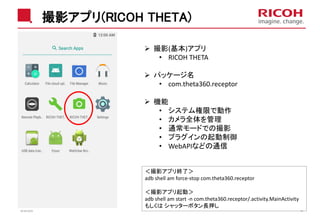撮影アプリ(RICOH THETA)
2018/10/23 19
撮影(基本)アプリ
• RICOH THETA
パッケージ名
• com.theta360.receptor
機能
• システム権限で動作
• カメラ全体を管理
• 通常モードでの撮影
• プラグインの起動制御
• WebAPIなどの通信
＜撮影アプリ終了＞
adb shell am force-stop com.theta360.receptor
＜撮影アプリ起動＞
adb shell am start -n com.theta360.receptor/.activity.MainActivity
もしくは シャッターボタン長押し
 