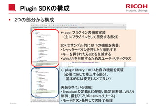 Plugin SDKの構成
2つの部分から構成
2018/10/23 28
← app: プラグインの機能実装
（主にプラグインとして開発する部分）
SDKはサンプル的に以下の機能を実装：
・シャッターボタンを押したら撮影する
・キーを押されたらLEDを点滅する
・WebAPIを利用するためのユーティリティクラス
← plugin library: THETA独自の機能を実装
（必要に応じて修正する部分、
基本的には変更しなくて良い）
実装されている機能：
・Broadcastの定義(LED制御、既定音制御、WLAN
制御、撮影アプリのCameraリリース)
・モードボタン長押しでの終了処理
 