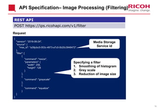 10
API Specification– Image Processing (Filtering)
REST API
POST https://ips.ricohapi.com/v1/filter
{
"version": “2016-06-24",
"source": {
"mss_id": "a39jcbc5-053c-4873-a7c0-0b20c3948472"
},
"filter": [
{
"command": "resize",
"parameters": {
"width": 256,
"height": 128
}
},
{
"command": "grayscale"
},
{
"command": "equalize"
}
]
}
Request
Media Storage
Service id
Specifying a filter
1. Smoothing of histogram
2. Grey scale
3. Reduction of image size
 