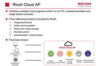 5
Ricoh Cloud AP
 Interface available from programs which run on PC, smartphone/tablet and
single board computer
 It has following functions provided by Ricoh.
1. Image processing
2. Video communication
3. Photo and media storage
4. Remote control
5. Authentication / Authorization
 Free beta version
Ricoh Cloud AP
Singleboard
computer
PC
Smartphone /
Tablet
Video
communication
Photo and
media
storage
Authentication
Authorization
Remote
control
Image
processing
 