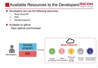 6
Available Resources to the Developers
 Developers can use the following resources:
1. Ricoh Cloud AP
2. SDK
3. Sample programs
 Available on github
https://github.com/ricohapi/
Developers SDK
Sample
program
Ricoh Cloud AP
Video
communication
Photo and
media
storage
Authentication
Authorization
Remote
control
Image
processing
 