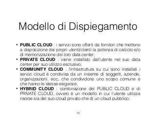Modello di Dispiegamento
• PUBLIC CLOUD : i servizi sono offerti da fornitori che mettono
a disposizione dei propri utenti/clienti la potenza di calcolo e/o
di memorizzazione dei loro data center;
• PRIVATE CLOUD : viene installato dall'utente nel suo data
center per suo utilizzo esclusivo;
• COMMUNITY CLOUD : l’infrastruttura su cui sono installati i
servizi cloud è condivisa da un insieme di soggetti, aziende,
organizzazioni, ecc, che condividono uno scopo comune e
che hanno le stesse esigenze;
• HYBRID CLOUD : combinazione del PUBLIC CLOUD e di
PRIVATE CLOUD, ovvero è un modello in cui l'utente utilizza
risorse sia del suo cloud privato che di un cloud pubblico;
12
 