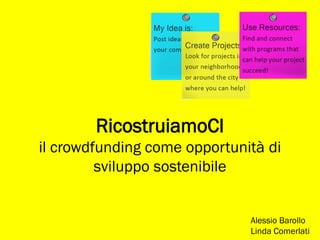 RicostruiamoCI
il crowdfunding come opportunità di
         sviluppo sostenibile


                              Alessio Barollo
                              Linda Comerlati
 