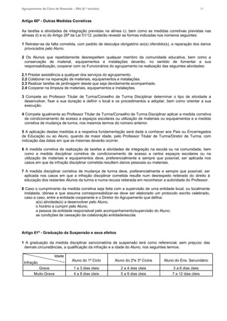 Agrupamento de Clara de Resende – RIA (6.ª revisão) 31
Artigo 60º - Outras Medidas Corretivas
As tarefas e atividades de integração previstas na alínea c), bem como as medidas corretivas previstas nas
alíneas d) e e) do Artigo 26º da Lei 51/12, poderão revestir as formas indicadas nos números seguintes:
1 Retratar-se da falta cometida, com pedido de desculpa obrigatório ao(s) ofendido(s), e reparação dos danos
provocados pelo Aluno.
2 Os Alunos que repetidamente desrespeitem qualquer membro da comunidade educativa, bem como a
conservação de material, equipamentos e instalações deverão, no sentido de fomentar a sua
responsabilização, cooperar com os Funcionários do agrupamento na realização das seguintes atividades:
2.1 Prestar assistência a qualquer dos serviços do agrupamento.
2.2 Colaborar na reparação de materiais, equipamentos e instalações.
2.3 Realizar tarefas de jardinagem desde que seja devidamente acompanhado.
2.4 Cooperar na limpeza de materiais, equipamentos e instalações.
3 Compete ao Professor Titular de Turma/Conselho de Turma Disciplinar determinar o tipo de atividade a
desenvolver, fixar a sua duração e definir o local e os procedimentos a adoptar, bem como orientar a sua
execução.
4 Compete igualmente ao Professor Titular de Turma/Conselho de Turma Disciplinar aplicar a medida corretiva
de condicionamento de acesso a espaços escolares ou utilização de materiais ou equipamentos e a medida
corretiva de mudança de turma, nos mesmos termos do número anterior.
5 A aplicação destas medidas e a respetiva fundamentação será dada a conhecer aos Pais ou Encarregados
de Educação ou ao Aluno, quando de maior idade, pelo Professor Titular de Turma/Diretor de Turma, com
indicação das datas em que as mesmas deverão ocorrer.
6 A medida corretiva de realização de tarefas e atividades de integração na escola ou na comunidade, bem
como a medida disciplinar corretiva de condicionamento de acesso a certos espaços escolares ou na
utilização de materiais e equipamentos deve, preferencialmente e sempre que possível, ser aplicada nos
casos em que da infração disciplinar cometida resultem danos pessoais ou materiais.
7 A medida disciplinar corretiva de mudança de turma deve, preferencialmente e sempre que possível, ser
aplicada nos casos em que a infração disciplinar cometida resulte num desrespeito reiterado do direito à
educação dos restantes Alunos da turma e numa recusa reiterada em reconhecer a autoridade do Professor.
8 Caso o cumprimento da medida corretiva seja feita com a supervisão de uma entidade local, ou localmente
instalada, idónea e que assuma corresponsabilizar-se deve ser elaborado um protocolo escrito celebrado,
caso a caso, entre a entidade cooperante e o Diretor do Agrupamento que defina:
a(s) atividade(s) a desenvolver pelo Aluno;
o horário a cumprir pelo Aluno;
a pessoa da entidade responsável pelo acompanhamento/supervisão do Aluno;
as condições de cessação da colaboração entidade/escola.
Artigo 61º - Graduação da Suspensão e seus efeitos
1 A graduação da medida disciplinar sancionatória de suspensão terá como referencial, sem prejuízo das
demais circunstâncias, a qualificação da infração e a idade do Aluno, nos seguintes termos:
Idade
Aluno do 1º Ciclo Aluno do 2ºe 3º Ciclos Aluno do Ens. Secundário
Infração
Grave 1 a 3 dias úteis 2 a 4 dias úteis 3 a 6 dias úteis
Muito Grave 4 a 8 dias úteis 5 a 9 dias úteis 7 a 12 dias úteis
 