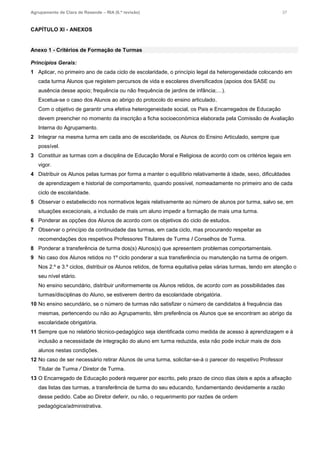 Agrupamento de Clara de Resende – RIA (6.ª revisão) 37
CAPÍTULO XI - ANEXOS
Anexo 1 - Critérios de Formação de Turmas
Princípios Gerais:
1 Aplicar, no primeiro ano de cada ciclo de escolaridade, o princípio legal da heterogeneidade colocando em
cada turma Alunos que registem percursos de vida e escolares diversificados (apoios dos SASE ou
ausência desse apoio; frequência ou não frequência de jardins de infância;…).
Excetua-se o caso dos Alunos ao abrigo do protocolo do ensino articulado.
Com o objetivo de garantir uma efetiva heterogeneidade social, os Pais e Encarregados de Educação
devem preencher no momento da inscrição a ficha socioeconómica elaborada pela Comissão de Avaliação
Interna do Agrupamento.
2 Integrar na mesma turma em cada ano de escolaridade, os Alunos do Ensino Articulado, sempre que
possível.
3 Constituir as turmas com a disciplina de Educação Moral e Religiosa de acordo com os critérios legais em
vigor.
4 Distribuir os Alunos pelas turmas por forma a manter o equilíbrio relativamente à idade, sexo, dificuldades
de aprendizagem e historial de comportamento, quando possível, nomeadamente no primeiro ano de cada
ciclo de escolaridade.
5 Observar o estabelecido nos normativos legais relativamente ao número de alunos por turma, salvo se, em
situações excecionais, a inclusão de mais um aluno impedir a formação de mais uma turma.
6 Ponderar as opções dos Alunos de acordo com os objetivos do ciclo de estudos.
7 Observar o princípio da continuidade das turmas, em cada ciclo, mas procurando respeitar as
recomendações dos respetivos Professores Titulares de Turma I Conselhos de Turma.
8 Ponderar a transferência de turma dos(s) Alunos(s) que apresentem problemas comportamentais.
9 No caso dos Alunos retidos no 1º ciclo ponderar a sua transferência ou manutenção na turma de origem.
Nos 2.º e 3.º ciclos, distribuir os Alunos retidos, de forma equitativa pelas várias turmas, tendo em atenção o
seu nível etário.
No ensino secundário, distribuir uniformemente os Alunos retidos, de acordo com as possibilidades das
turmas/disciplinas do Aluno, se estiverem dentro da escolaridade obrigatória.
10 No ensino secundário, se o número de turmas não satisfizer o número de candidatos à frequência das
mesmas, pertencendo ou não ao Agrupamento, têm preferência os Alunos que se encontram ao abrigo da
escolaridade obrigatória.
11 Sempre que no relatório técnico-pedagógico seja identificada como medida de acesso à aprendizagem e à
inclusão a necessidade de integração do aluno em turma reduzida, esta não pode incluir mais de dois
alunos nestas condições.
12 No caso de ser necessário retirar Alunos de uma turma, solicitar-se-á o parecer do respetivo Professor
Titular de Turma / Diretor de Turma.
13 O Encarregado de Educação poderá requerer por escrito, pelo prazo de cinco dias úteis e após a afixação
das listas das turmas, a transferência de turma do seu educando, fundamentando devidamente a razão
desse pedido. Cabe ao Diretor deferir, ou não, o requerimento por razões de ordem
pedagógica/administrativa.
 