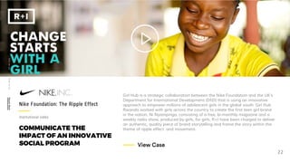COMMUNICATE THE
IMPACT OF AN INNOVATIVE
SOCIAL PROGRAM
Girl Hub is a strategic collaboration between the Nike Foundation and the UK’s
Department for International Development (DfiD) that is using an innovative
approach to empower millions of adolescent girls in the global south. Girl Hub
Rwanda worked with girls across the country to create the first teen girl brand
in the nation, Ni Nyampinga, consisting of a free, bi-monthly magazine and a
weekly radio show, produced by girls, for girls. R+I have been charged to deliver
an authentic, quality piece of brand storytelling and frame the story within the
theme of ripple effect and movement.
Nike Foundation: The Ripple Effect
WhoweareWhatwedoRecentWork
22
View Case
Institutional video
 