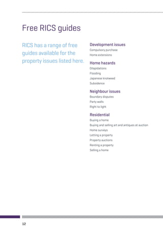 Free RICS guides 
RICS has a range of free 
guides available for the 
property issues listed here. 
Development issues 
Compulsory purchase 
Home extensions 
Home hazards 
Dilapidations 
Flooding 
Japanese knotweed 
Subsidence 
Neighbour issues 
Boundary disputes 
Party walls 
Right to light 
Residential 
Buying a home 
Buying and selling art and antiques at auction 
Home surveys 
Letting a property 
Property auctions 
Renting a property 
Selling a home 
12 
 