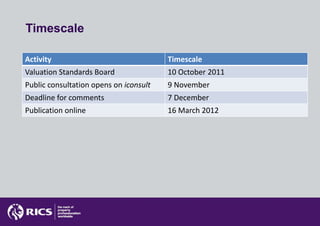 Timescale

Activity                                Timescale
Valuation Standards Board               10 October 2011
Public consultation opens on iconsult   9 November
Deadline for comments                   7 December
Publication online                      16 March 2012
 