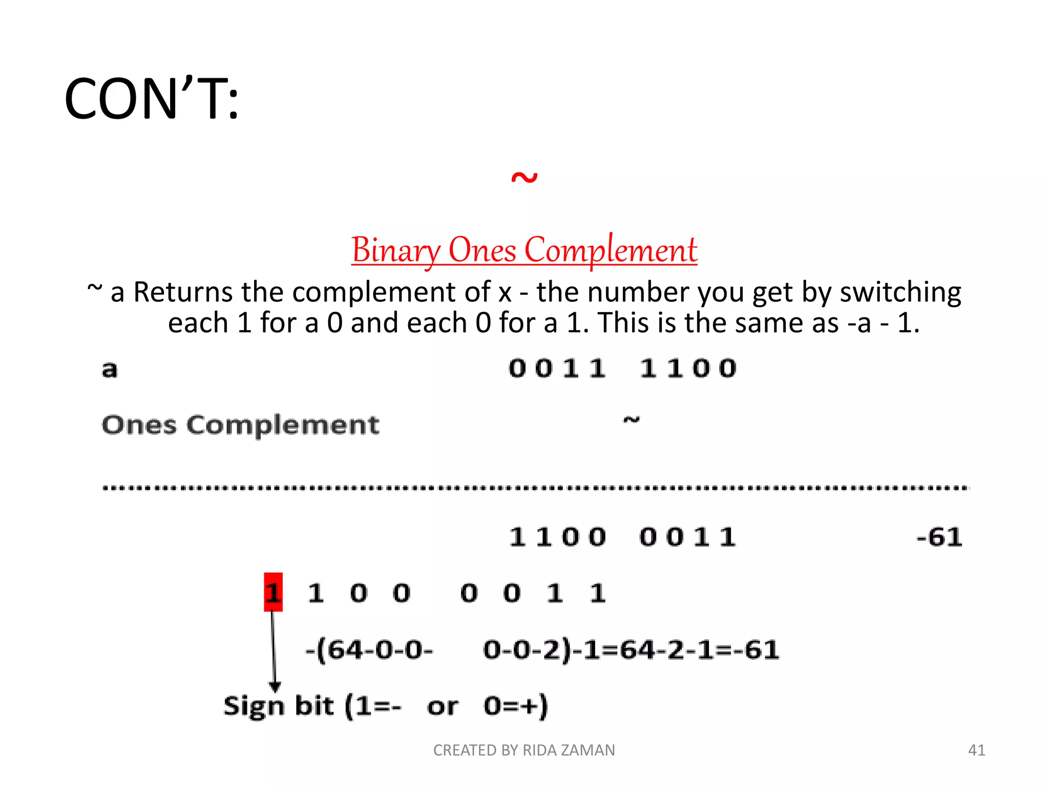 CON’T:
~
Binary Ones Complement
~ a Returns the complement of x - the number you get by switching
each 1 for a 0 and each 0 for a 1. This is the same as -a - 1.
CREATED BY RIDA ZAMAN 41
 