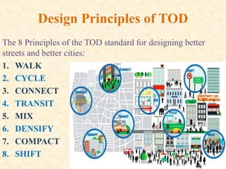 Design Principles of TOD
The 8 Principles of the TOD standard for designing better
streets and better cities:
1. WALK
2. CYCLE
3. CONNECT
4. TRANSIT
5. MIX
6. DENSIFY
7. COMPACT
8. SHIFT
 