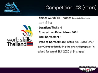 Name: World Skill Thailand (งานแข่งขันฝีมือแรงงาน
แห่งชาติ ครั3งที5 28)
Location: Thailand
Competition Date: March 2021
Thai Contestant :
Type of Competition: Setup pre-Drone Oper
ator Competition during the event to prepare Th
ailand for World Skill 2020 at Shanghai
Competition #8 (soon)
 