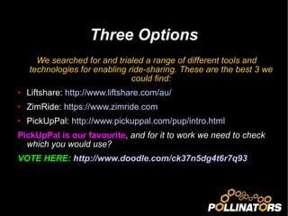 Three Options We searched for and trialed a range of different tools and technologies for enabling ride-sharing. These are the best 3 we could find: Liftshare:  http://www.liftshare.com/au/   ZimRide:  https://www.zimride.com PickUpPal:  http://www.pickuppal.com/pup/intro.html   PickUpPal is our favourite ,  and for it to work we need to check which you would use? VOTE HERE:  http://www.doodle.com/ck37n5dg4t6r7q93   