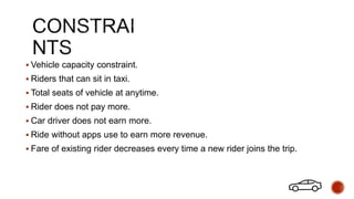  Vehicle capacity constraint.
 Riders that can sit in taxi.
 Total seats of vehicle at anytime.
 Rider does not pay more.
 Car driver does not earn more.
 Ride without apps use to earn more revenue.
 Fare of existing rider decreases every time a new rider joins the trip.
 