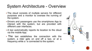  The cloud consists of multiple servers for different
purposes and a monitor to oversee the running of
the system.
 Drivers and passengers use the smartphone App to
interact with the system, but are provided with
different user interfaces.
 A taxi automatically reports its location to the cloud
via the mobile App.
 The taxi establishes the connection with the
system, a rider gets on and off a taxi, or at a
frequency while a is connected to the system.
 