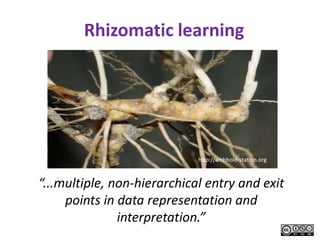 Rhizomatic learning




                             http://archbold-station.org



“...multiple, non-hierarchical entry and exit
     points in data representation and
               interpretation.”
 