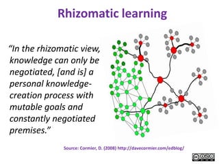 Rhizomatic learning

“In the rhizomatic view,




                                                                          © Steve Wheeler, University of Plymouth, 2008
knowledge can only be
negotiated, [and is] a
personal knowledge-
creation process with
mutable goals and
constantly negotiated
premises.”
              Source: Cormier, D. (2008) http://davecormier.com/edblog/
 