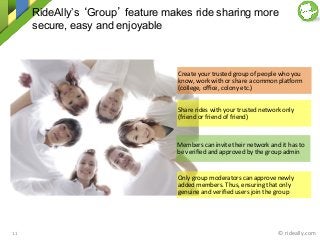 RideAlly’s ‘Group’ feature makes ride sharing more
secure, easy and enjoyable
Create	
  your	
  trusted	
  group	
  of	
  people	
  who	
  you	
  
know,	
  work	
  with	
  or	
  share	
  a	
  common	
  plagorm	
  
(college,	
  oﬃce,	
  colony	
  etc.)	
  	
  
©	
  rideally.com	
  11	
  
Share	
  rides	
  with	
  your	
  trusted	
  network	
  only	
  
(friend	
  or	
  friend	
  of	
  friend)	
  
Members	
  can	
  invite	
  their	
  network	
  and	
  it	
  has	
  to	
  
be	
  veriﬁed	
  and	
  approved	
  by	
  the	
  group	
  admin	
  
Only	
  group	
  moderators	
  can	
  approve	
  newly	
  
added	
  members.	
  Thus,	
  ensuring	
  that	
  only	
  
genuine	
  and	
  veriﬁed	
  users	
  join	
  the	
  group	
  
 