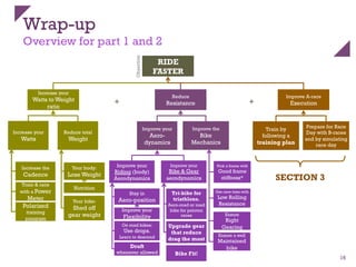Wrap-up
Overview for part 1 and 2
16
RIDE
FASTER
Reduce
Resistance+
Increase your
Watts to Weight
ratio
Improve your
Aero-
dynamics
Improve the
Bike
Mechanics
Improve A-race
Execution+
Increase your
Watts
Reduce total
Weight
Increase the
Cadence
Your body:
Lose Weight
Your bike:
Shed off
gear weight
Train & race
with a Power
Meter
Polarized
training
program
Nutrition
Pick a frame with
Good frame
stiffness*
Ensure
Right
Gearing
Use race tires with
Low Rolling
Resistance
Objective
Improve your
Riding (body)
Aerodynamics
Improve your
Bike & Gear
aerodynamics
Stay in
Aero-position
Tri-bike for
triathlons.
Aero-road or road
bike for peloton
races
Improve your
Flexibility
On road bikes:
Use drops.
Learn to descend
Upgrade gear
that reduce
drag the most
Draft
whenever allowed
Train by
following a
training plan
Prepare for Race
Day with B-races
and by simulating
race day
Ensure a well
Maintained
bike
Bike Fit!
SECTION 3
 