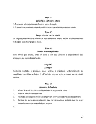 Artigo 61º
                                Conselho de professores tutores
1. É composto pelo conjunto dos professores tutores da escola.
2. O conselho de professores tutores é presidido pelo coordenador dos professores tutores.

                                             Artigo 62º
                                 Tempo atribuído à acção tutorial
Ao cargo de professor tutor é atribuído um bloco semanal de noventa minutos na componente não
lectiva para cada aluno/ grupo de alunos.


                                             Artigo 63º
                                   Número de alunos/professor
Será definido pelo director, tendo em conta o perfil dos tutorandos e disponibilidades dos
professores que exercerão esta função.


                                            Artigo 64º
                                            Avaliação
Contempla resultados e processos, sendo contínua e englobando fundamentalmente as
modalidades intermédias, no final do 1º e 2º períodos e do ano lectivo ou quando a acção tutorial
terminar.


                                             Artigo 65º
                                    Indicadores de Avaliação
1.    Número de alunos propostos que frequentarem os programas de tutoria.
2.    Níveis de assiduidade nas sessões.
3.    Resultados obtidos pelos alunos que comparecem com regularidade nas sessões de tutoria.
4.    Opiniões dos alunos apresentadas com base no instrumento de avaliação que vier a ser
      elaborado pela equipa responsável pelo programa.
5.




                                                                                              32
 