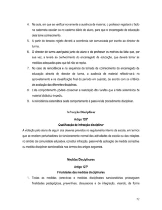 4. Na aula, em que se verificar novamente a ausência de material, o professor registará o facto
        na caderneta escolar ou no caderno diário do aluno, para que o encarregado de educação
        dela tome conhecimento.
    5. A partir do terceiro registo deverá a ocorrência ser comunicada por escrito ao director de
        turma.
    6. O director de turma averiguará junto do aluno e do professor os motivos da falta que, por
        sua vez, a levará ao conhecimento do encarregado de educação, que deverá tomar as
        medidas adequadas para que tal não se repita.
    7. No caso de reincidência e na sequência da tomada de conhecimento do encarregado de
        educação através do director de turma, a ausência de material reflectir-se-á no
        aproveitamento e na classificação final do período em questão, de acordo com os critérios
        de avaliação das diferentes disciplinas.
    8. Este comportamento poderá ocasionar a realização das tarefas que a falta sistemática de
        material didáctico impediu.
    9. A reincidência sistemática deste comportamento é passível de procedimento disciplinar.


                                      Infracção Disciplinar

                                             Artigo 126º
                               Qualificação de infracção disciplinar
A violação pelo aluno de algum dos deveres previstos no regulamento interno da escola, em termos
que se revelem perturbadores do funcionamento normal das actividades da escola ou das relações
no âmbito da comunidade educativa, constitui infracção, passível da aplicação de medida correctiva
ou medida disciplinar sancionatória nos termos dos artigos seguintes.



                                       Medidas Disciplinares

                                             Artigo 127º
                              Finalidades das medidas disciplinares
    1. Todas as medidas correctivas e medidas disciplinares sancionatórias prosseguem
        finalidades pedagógicas, preventivas, dissuasoras e de integração, visando, de forma



                                                                                                72
 