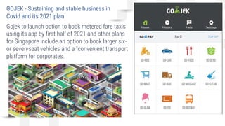 GOJEK - Sustaining and stable business in
Covid and its 2021 plan
22
Gojek to launch option to book metered fare taxis
using its app by first half of 2021 and other plans
for Singapore include an option to book larger six-
or seven-seat vehicles and a “convenient transport
platform for corporates.
 