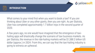INTRODUCTION
3
What comes to your mind first when you want to book a taxi? If you are
thinking about Uber or any other giants, then you are right. As per Statista,
Uber has completed approximately 1.7 billion trips in the second quarter of
2020.
A few years ago, no one would have imagined that the emergence of taxi-
hailing apps will drastically change the scenario of taxi business markets. As
per Statista, the revenue in the ride-hailing markets will be $1,588.2 billion US
dollar (approx.) in 2024. From this, we can say that the taxi-hailing industry is
going to witness an upheaval.
 