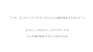 「これ、どこのインスペクターからどんな値が設定されるんだ？」
どのシーンのどのインスペクターから
どんな値が設定されているかわかる
 