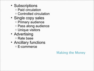 Subscriptions Paid circulation Controlled circulation Single copy sales Primary audience Pass along audience Unique visitors Advertising Rate base Ancillary functions E-commerce 