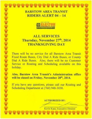 Barstow Area Transit Closed Thanksgiving, November 27, 2014