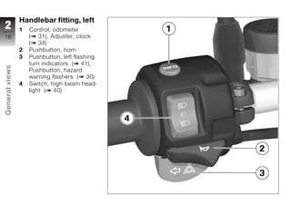 Handlebar fitting, left
2               1   Control, odometer
16                  ( 31), Adjuster, clock
                    ( 34)
                2   Pushbutton, horn
                3   Pushbutton, left flashing
                    turn indicators ( 41),
General views




                    Pushbutton, hazard
                    warning flashers ( 30)
                4   Switch, high-beam head-
                    light ( 40)



z
 