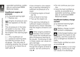 specialist workshop, prefer-      A low oil level is one reason        Do not continue your jour-
3                    ably an authorised BMW            why a warning indicating in-         ney.
                     Motorrad dealer.                  sufficient oil pressure is is-       Have the fault rectified as
24                                                                                          quickly as possible by a
                                                       sued.
                    Insufficient engine oil                                                 specialist workshop, prefer-
                                                          Checking engine oil level
                    pressure                                                                ably an authorised BMW
                                                          ( 70)
                         General warning light         If the oil level is too low:         Motorrad dealer.
                         flashes red.
Status indicators




                                                          Top up the engine oil.
                                                                                           Insufficient battery charge
                            Engine oil pressure sym-                                       current
                            bol appears on the dis-    If the warning indicating in-
                                                       sufficient engine oil level is           General warning light
                    play.
                                                       issued and a check indicates             lights up red.
                    The oil pressure in the lube-      that the engine oil level is cor-
                    oil system is too low. Stop                                                 Battery charge current
                                                       rect:
                    immediately and switch off                                                  symbol is displayed.
                    the engine if the warning light           Other engine problems
                                                              besides a low oil level             A discharged battery can
z                   shows.                                                                        cause the engine to die
                                                       can cause the insufficient en-
                          The insufficient oil         gine oil pressure warning to        suddenly, and this could res-
                          pressure warning does        be issued. Continuing to ride       ult in a dangerous situation in
                    not fulfil the function of an      in these cases can cause en-        traffic.
                    oil gauge. The only way of         gine damage.                        Have faults rectified as soon
                    checking whether the oil level     If this warning is issued even      as possible.
                    is correct is to check the oil     though the engine oil level is           If the battery is not char-
                    sight glass.                       correct: do not continue to              ging, continuing to ride
                                                       ride.                               can cause it to discharge
 