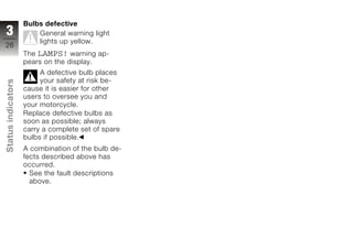Bulbs defective
3                       General warning light
                        lights up yellow.
26
                    The LAMPS! warning ap-
                    pears on the display.
                         A defective bulb places
                         your safety at risk be-
Status indicators




                    cause it is easier for other
                    users to oversee you and
                    your motorcycle.
                    Replace defective bulbs as
                    soon as possible; always
                    carry a complete set of spare
                    bulbs if possible.
z                   A combination of the bulb de-
                    fects described above has
                    occurred.
                      See the fault descriptions
                      above.
 