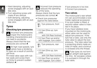 Hard damping, adjusting                  Incorrect tyre pressure   If tyre pressure is too low:
4            screw engages with an aud-               reduces the operating        Correct tyre pressure.
             ible click.                       life of the tyres.
52                                                                              Two valves
             Turn adjusting screw until        Always check that the tyre
             marks 1 are vertical.             pressures are correct.           The motorcycle's rear-wheel
             Soft damping, adjusting            Check tyre pressures            rim can accommodate a tyre
             screw engages with an aud-         against the data below.         holder (optional accessory).
             ible click.                                                        If no tyre holder is fitted, a
Operation




                                                     Tyre pressure, front       second rubber valve is inser-
            Tyres                                                               ted in its place.
            Checking tyre pressures                                             If you have tubeless tyres
                                                  2.2 bar (One-up, tyre         mounted on the motorcycle,
z                Incorrect tyre pressures         cold)                         either valve can be used to
                 impair the motorcycle's              with OA Rear footrest:    adjust tyre pressure. If the
            handling characteristics and                                        tyre has a tube, use only the
                                                  2.2 bar (Two-up and/or
            can lead to accidents.                                              tube valve to adjust the tyre
                                                  with luggage, tyre cold)
            Always check that the tyre                                          pressure. The tube valve has
            pressures are correct.                   Tyre pressure, rear        a projecting shank made en-
                  At high road speeds, tyre                                     tirely of metal, and a locknut
                  valves have a tendency                                        is screwed onto the thread.
            to open as a result of centrifu-      2.5 bar (One-up, tyre
                                                                                       Tube tyres do not form
            gal force.                            cold)
                                                                                       an airtight seal against
            Fit metal valve caps with rub-            with OA Rear footrest:    the rims. Air escapes unless
            ber seals and screw them              2.5 bar (Two-up and/or        it is pumped in through the
            on firmly to prevent sudden           with luggage, tyre cold)      tube valve.
            deflation.
 